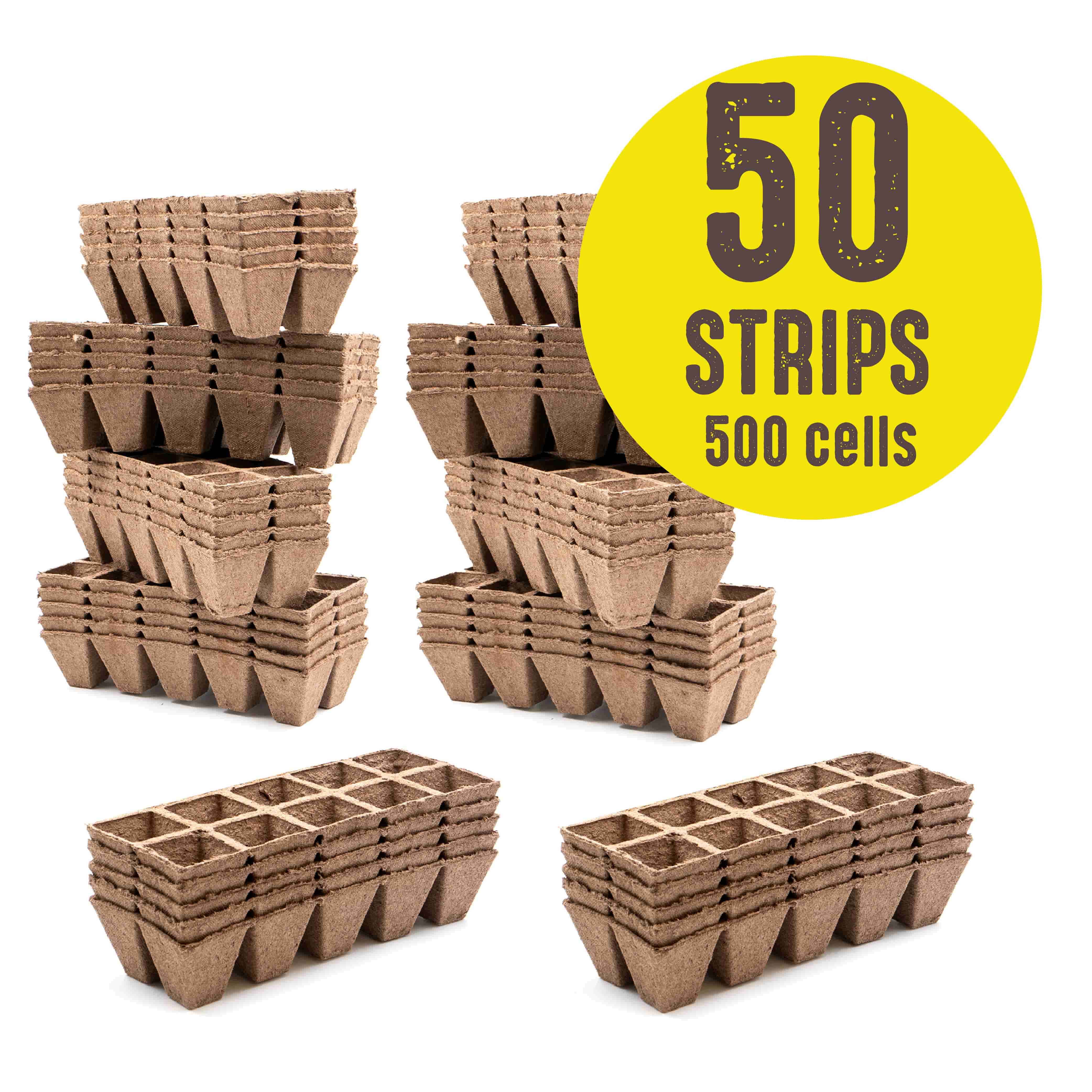 Stacks of brown biodegradable peat strips arranged in a grid pattern, each strip forming individual cells for seed starting.